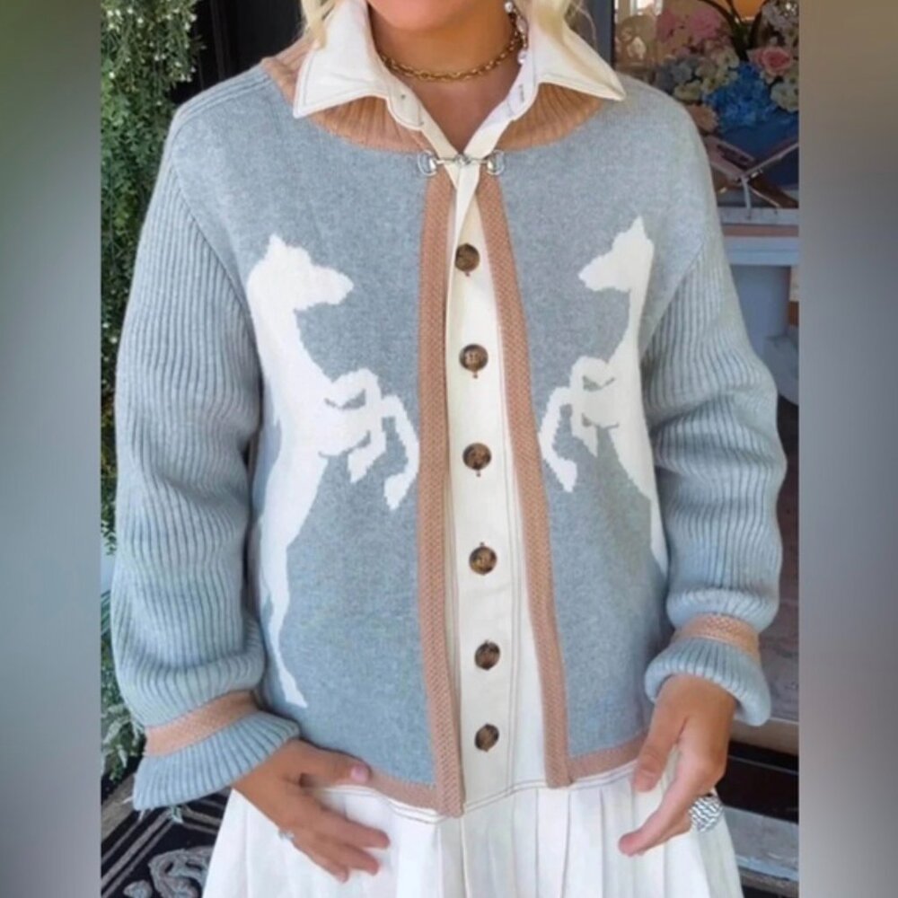 Horse Equestrian Knit Cardigan Sweater Cape Shrug Gray Horses Western S New - Picture 2 of 7